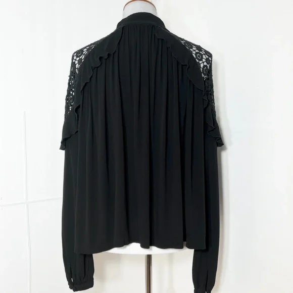 SOLD-Free People Ruffled Crochet Lace Black Draped Relaxed Long Sleeve Top - Picture 7 of 13